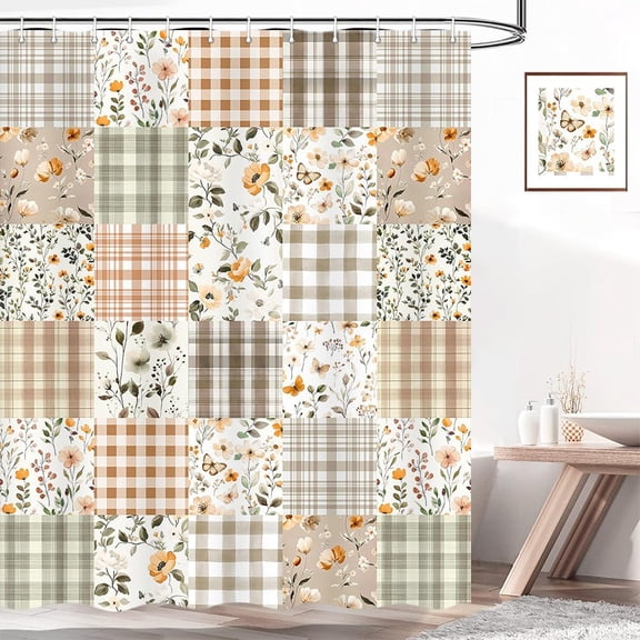 Cute Plaid Floral Shower Curtain, Boho Sage Green Flower Fabric Shower Curtains for Bathroom, Retro Pink Flower Checkered Patchwork Bath Curtain Set Washable Waterproof with 12Hooks 72X72IN