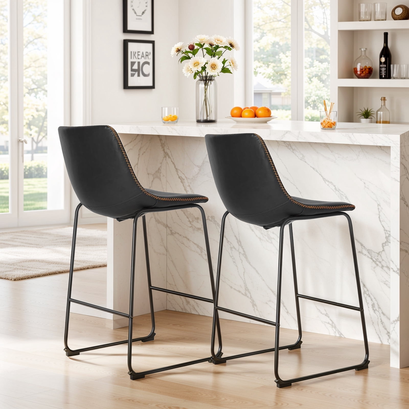 6-Pack Indoor Counter Bar Stools, Modern Metal Faux Leather Barstools, Brown, 26 inch