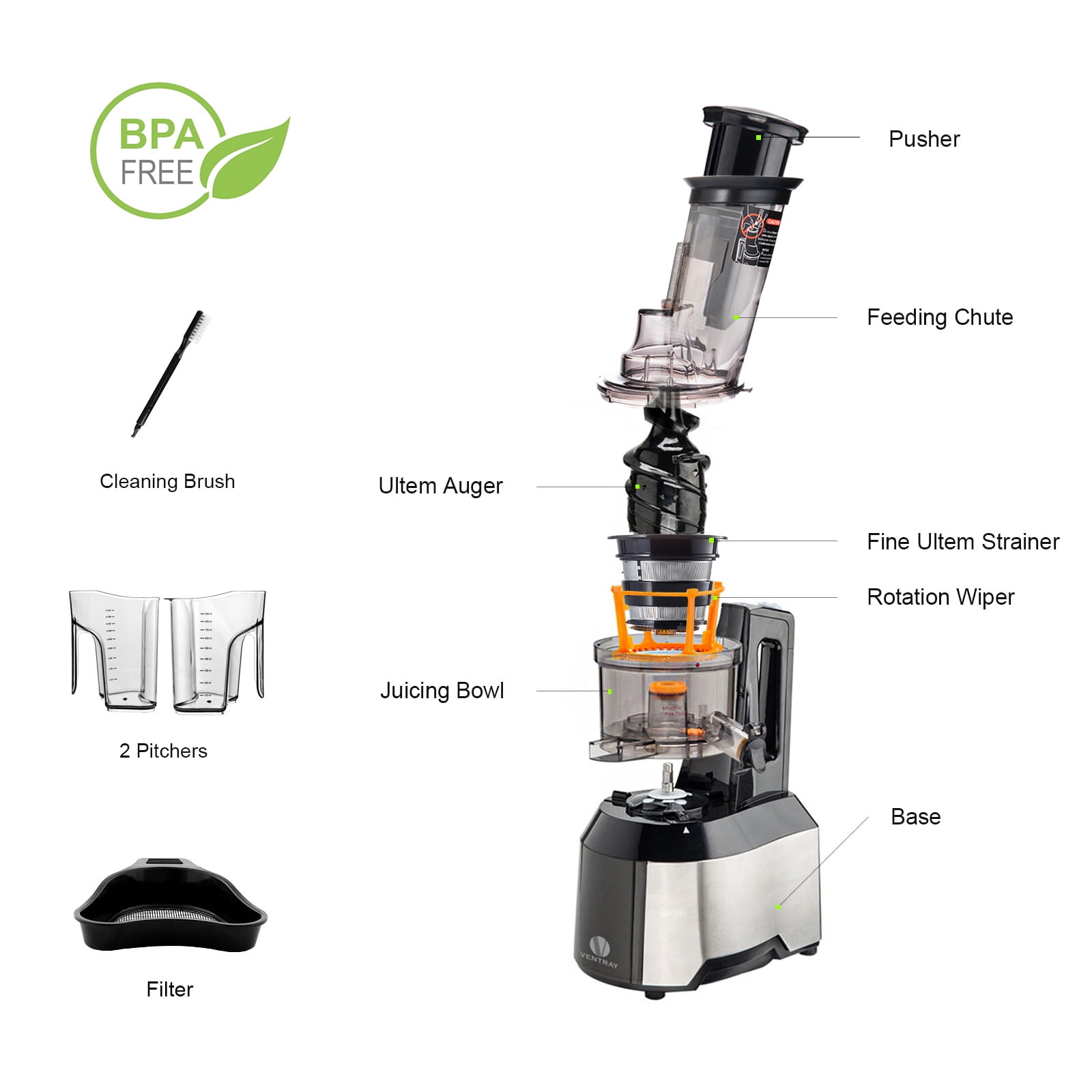 Black Cold Press Juice Maker Slow Juicer with Wide Chute Big Feeding Mouth Ventray Masticating Juicer 