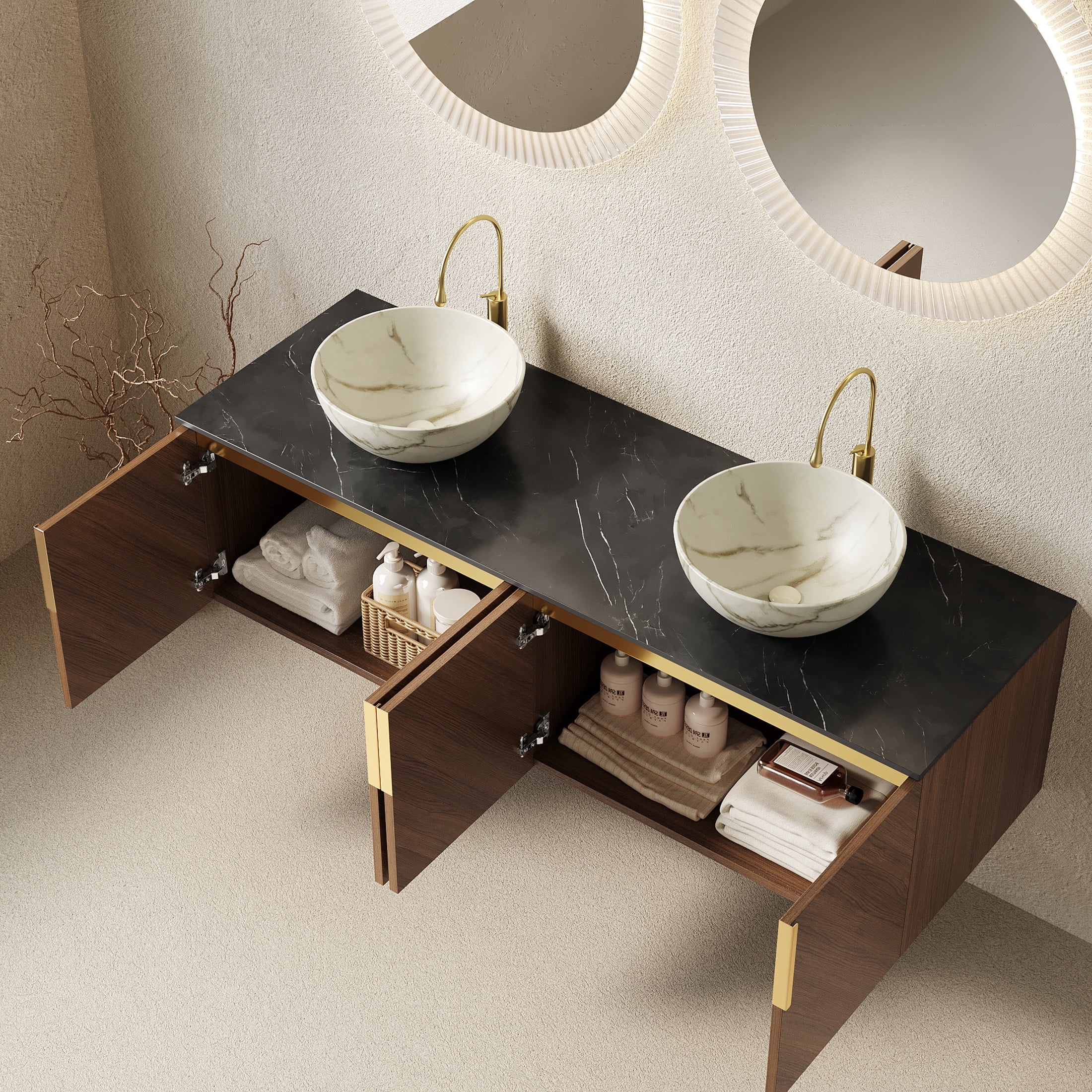 Noble House ARAI 60" Floating Double Bathroom Vanity, Sintered Stone Top Cabinet with Dual White Bowl Sink, Oak