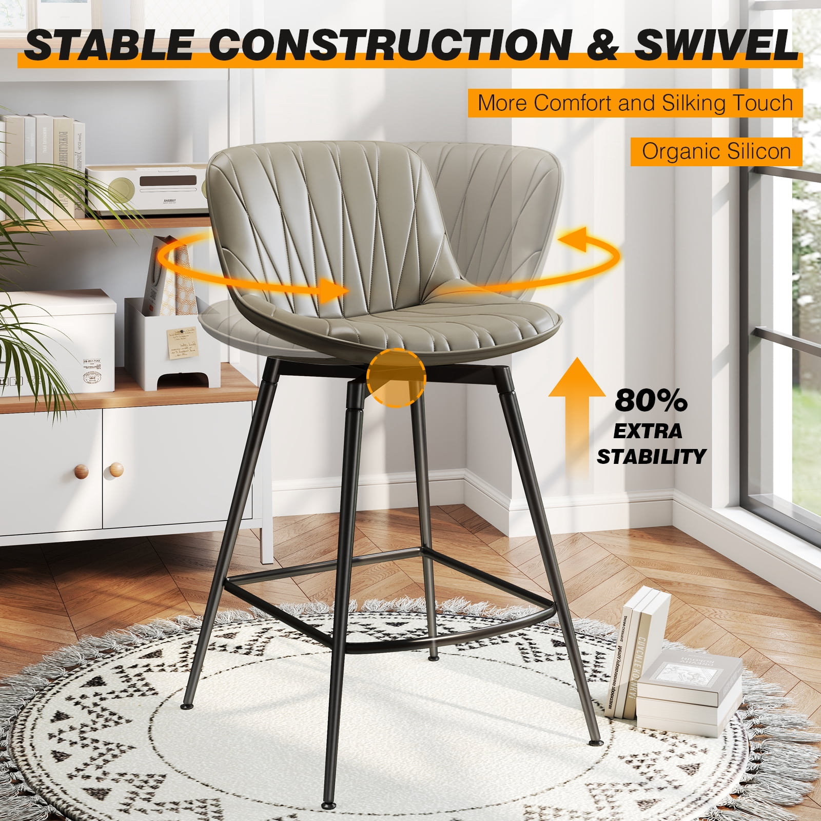 TAVR Modern 30" Swivel Bar Stools Set of 2 with Back & Footrest, Upholstered Counter Height Bar Chairs for Kitchen Island, PU Leather in Gray