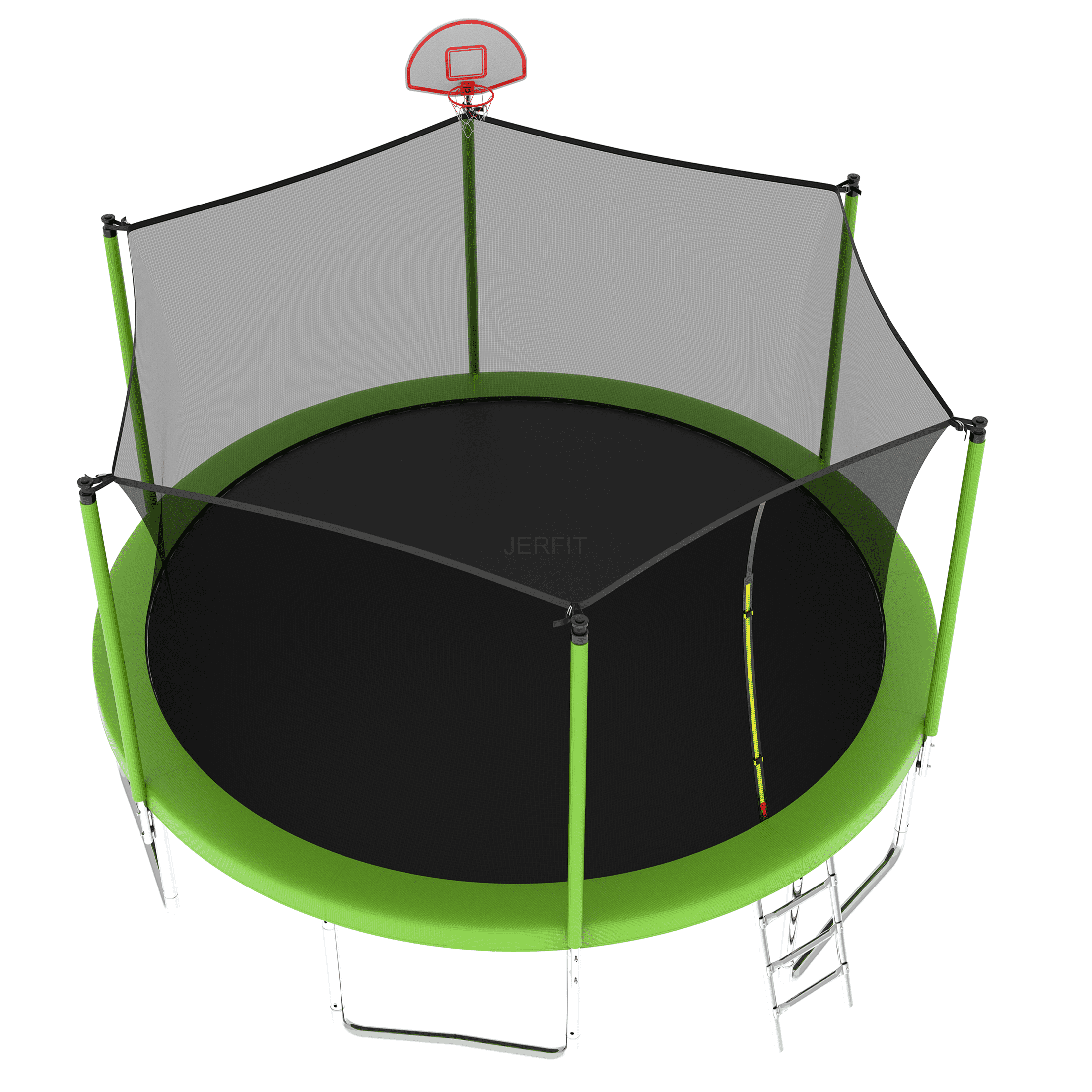 JERFIT 14FT Kids Trampoline with Safety Enclosure Net, Outdoor Large Jumping Mat for Backyard, Includes Basketball Hoop & Ladder, Green