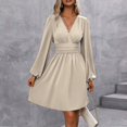 thumbnail image 5 of WTOBBY Women's Fashionable Solid Color V-Neck Long Sleeve Pleated Versatile Dress Lantern Sleeve Detail for Unique Style Flowy Pleats for Movement Wardrobe Essential,Khaki S, 5 of 8