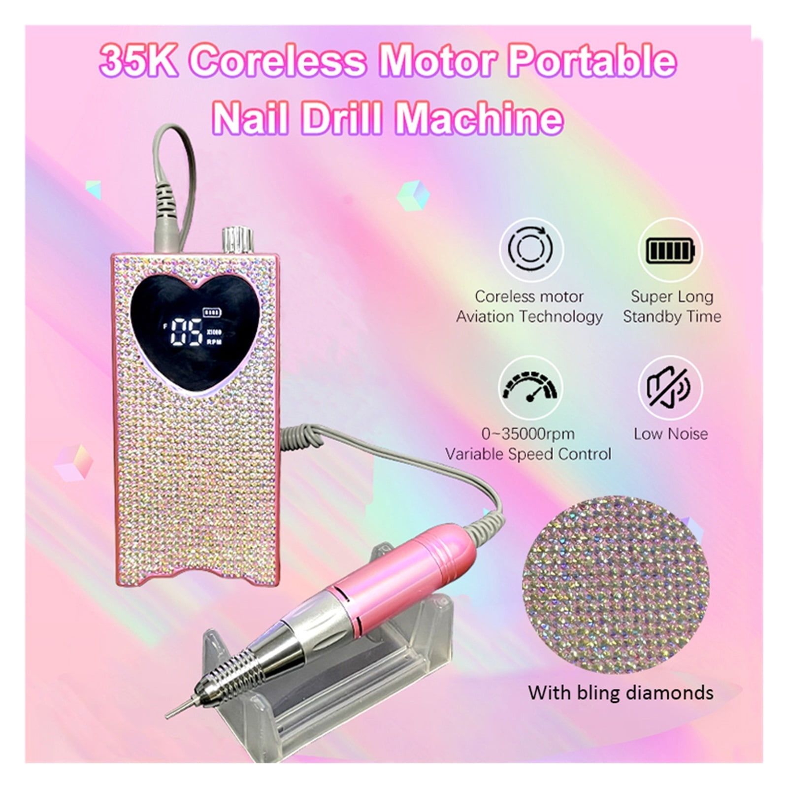 Portable Nail Drill Professional 35000 RPM, Rechargeable Electric Nail File Machine E File for Acrylic Nails Gel Polishing Removing, Cordless Efile with Bits Kit for Manicure Salon Home, Pink