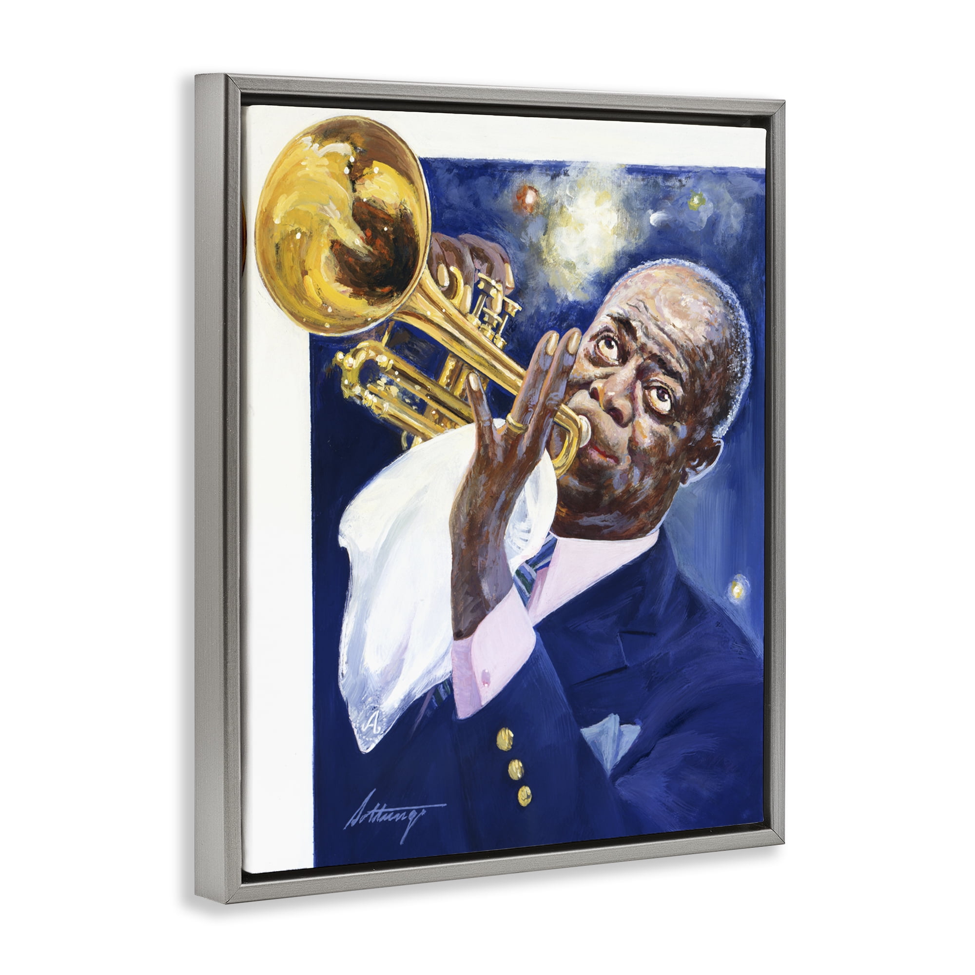 Louis Armstrong Portrait Gray Framed Floater Canvas Wall Art, design by Wind River Studios