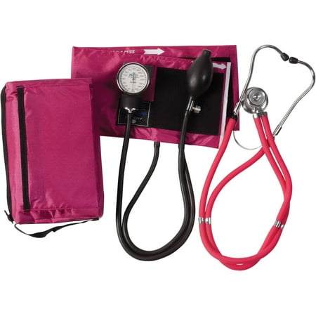 Mabis Blood Pressure Cuff with Aneroid Sphygmomanometer and Sprague Rappaport Stethoscope Combination, Manual Blood Pressure Kit with Calibrated Nylon Cuff for Nurses, Magenta