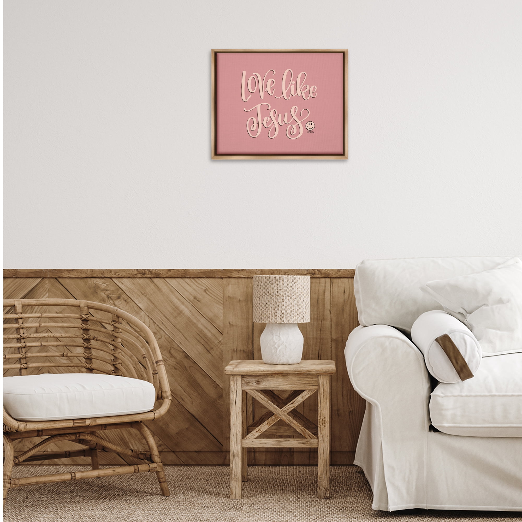 Stupell Industries Pink Love Like Jesus Religious & Spiritual Painting Brown Floater Framed Canvas Art Print Wall Art, 21 x 17