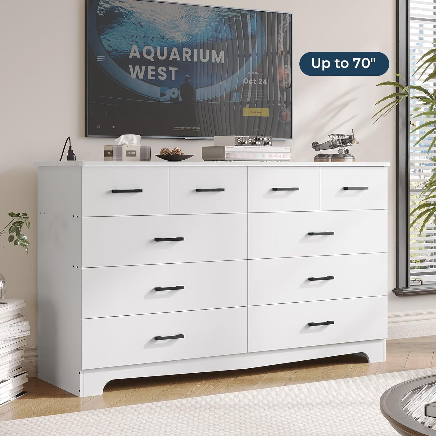 White Dresser for Bedroom 10 Drawers Dresser & Chest of Drawers with Power Outlets, Modern Wood Storage Cabinets & TV Stand for Living Room Hallway