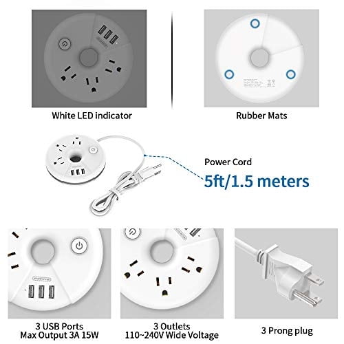 Tira de alimentación de viaje con puertos USB, NTONPOWER 3 salidas y 3