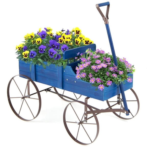 Pemberly Row Garden Plant Planter Wooden Wagon Planter W/ Wheel Blue