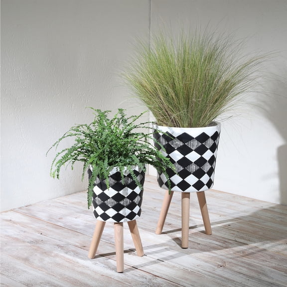 YIYADO S/2 10"/12" Ridged Planter Set with Wooden Legs, Black – Modern Indoor/Outdoor Planter with Drainage Holes for Succulents, Terrariums and Houseplants