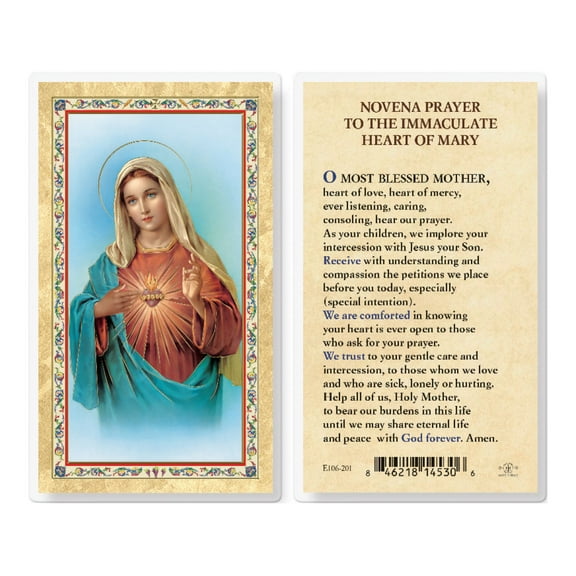 Novena Prayer to the I.M.H. Gold-Stamped Laminated Catholic Prayer Holy Card with Prayer on Back, Pack of 25