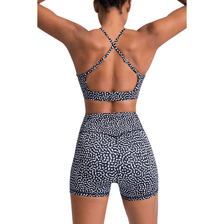 Women Yoga Outfits 2 Piece Workout Sets High Waist Running Biker Shorts  with Adjustable Sport Bra Set Gym Clothes Tracksuit Small Polka Dot Black 