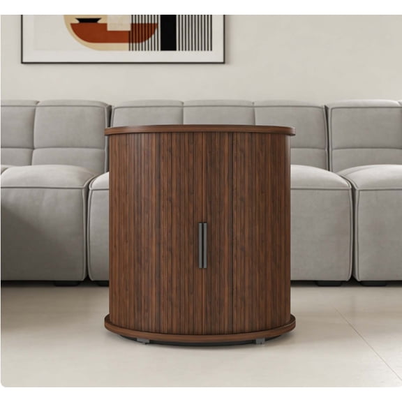 Walnut Side Table with Built-in Charging Station & Sliding Door, Mid Century Modern Round End Table, Multi-Purpose End Tables Living Room for Bedroom Entryway