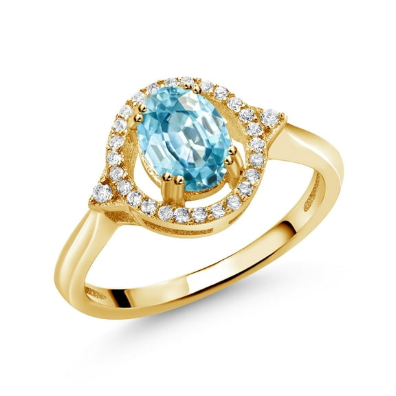 Gem Stone King 1.59 Cttw Oval Blue Zircon 18K Yellow Gold Plated Silver Ring for Women | Gemstone Birthstone (Size 8)