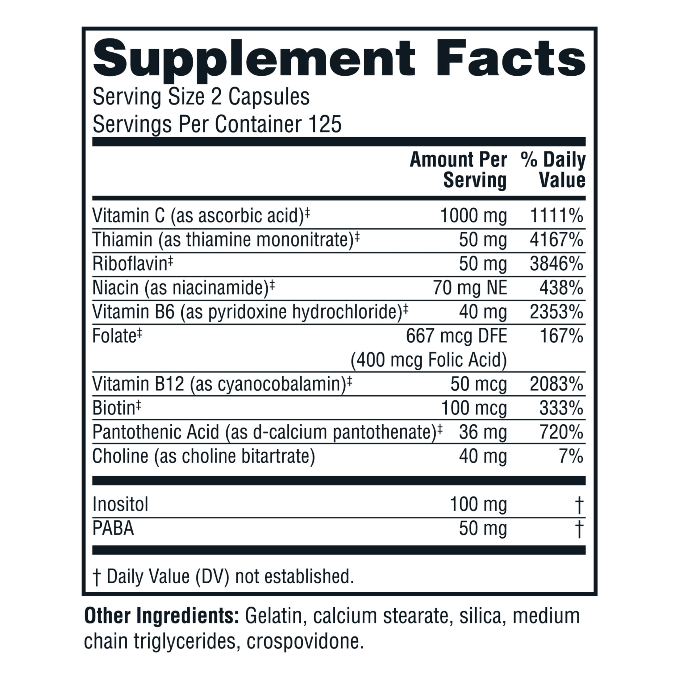 Twinlab Stress B-Complex Caps - High Potency Vitamin B Complex Capsules with Vitamin C 1000mg - Long-Lasting Energy for Immune Support, Stress Relief and Nerve Support, 250 capsules, 1-pack