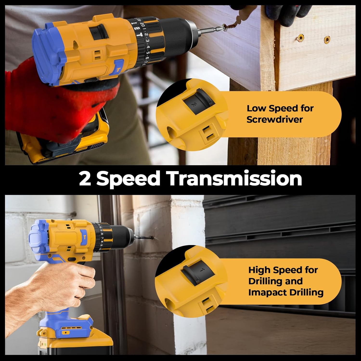 Cordless Drill Compatible with Dewalt 20V Max Battery(No Battery), Electric Hammer Drill with Brushless Motor, 1/2" Keyless Metal Chuck,4pcs Bit Drill Set for Drilling Brick Wall, Metal, Wood, Screws
