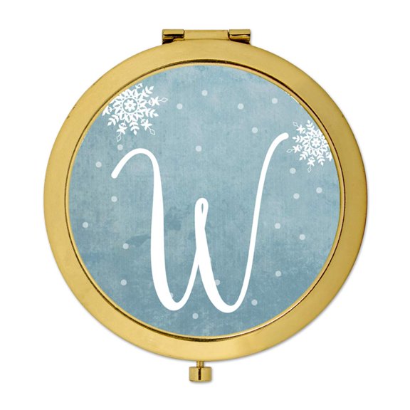 Koyal Wholesale Gold Compact Mirror Bridesmaid's Wedding Gift, Blue Winter Snowflakes, Monogram Letter W, 1-Pack