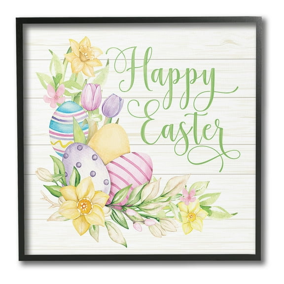 Stupell Industries Happy Easter Daffodils Holiday Painting Black Framed Art Print Wall Art, 12 x 12