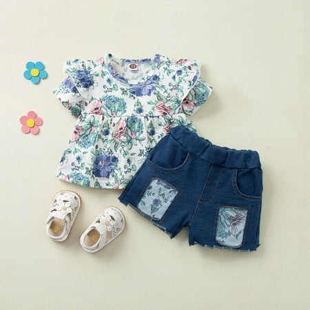 

Hunpta Newborn Toddlers Kids Girl Clothes Floral Prints Top Jeans Shorts Pants 2Pcs Outfits Set