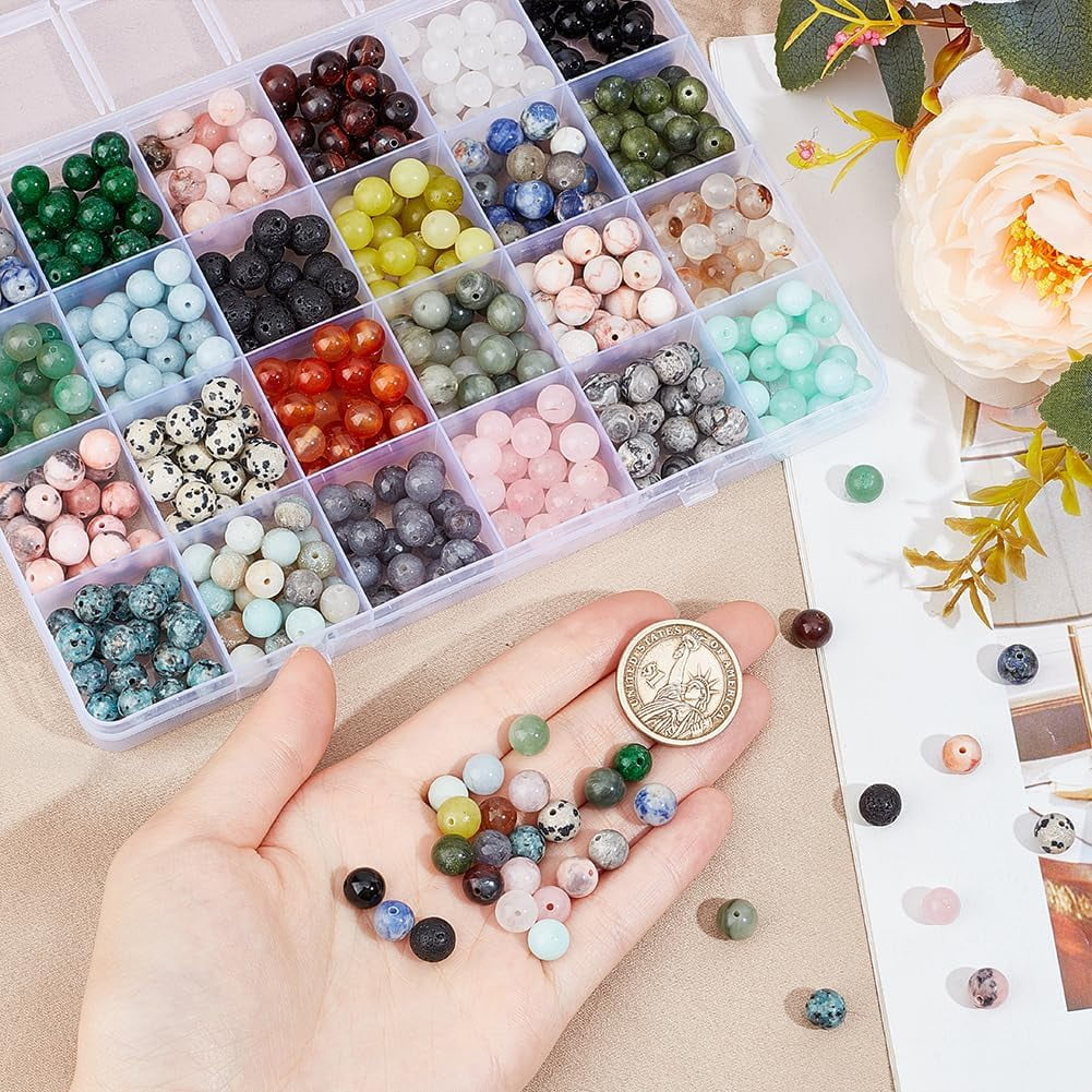 About 480 Pcs Mixed Gemstone Round Beads 24 Styles 8mm Natural Stone Loose Beads Undyed Dyed Agate Beads Jasper Beads Map Beads for Bracelet Jewelry Making Mixed Color