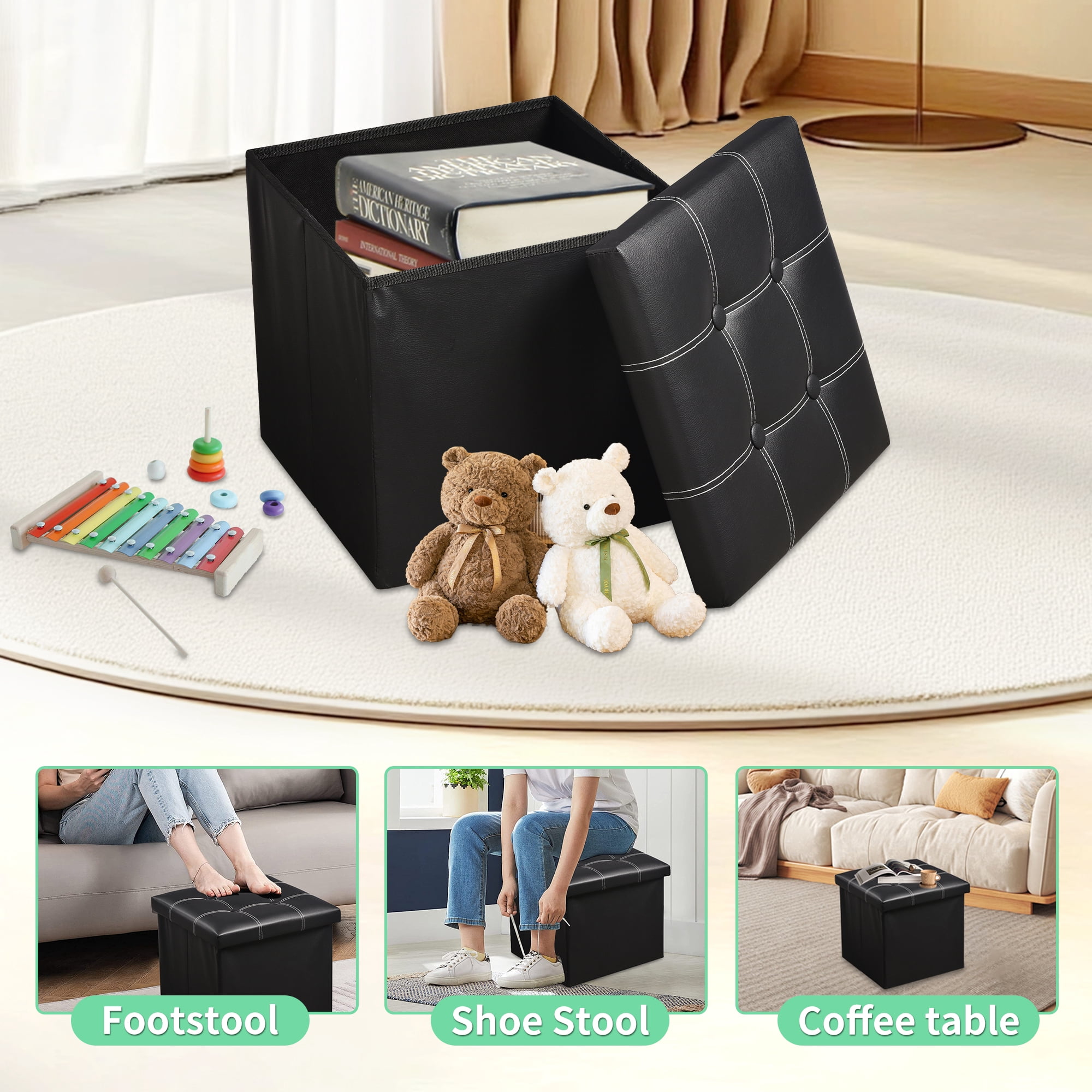 OUTMASTER Ottoman With Storage,Foldable Small Foot stool with Thickened Foam Cushion,14.9*14.9*13.8