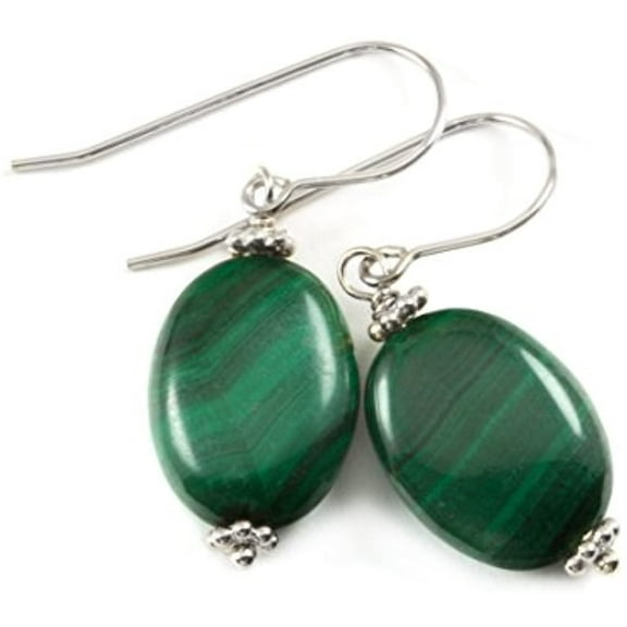 Sterling Silver Malachite Earrings Green Oval Smooth Drops Goldtone Beaded Accents Simple Classic Drops Designed for Adult Women