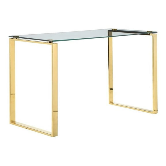 Pemberly Row Modern High Polished Steel Metal & Tempered Glass Desk in Gold