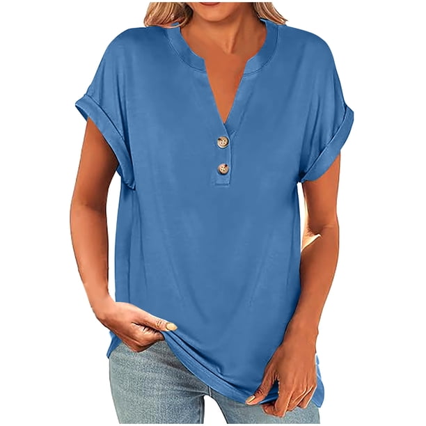 Blusas para las Mujeres Casual Verano Botón Sólido V-Cuello Suelto Camiseta, Moda Algodón/Lino Mezcla Blusa