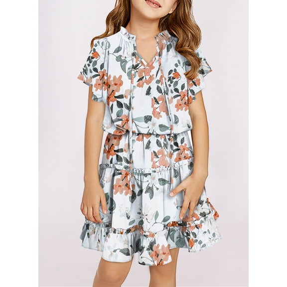 KISSMODA Girls Summer Short Sleeve Midi Dress Flower Printed V Neck Ruffle Casual Dresses 5-13 Years