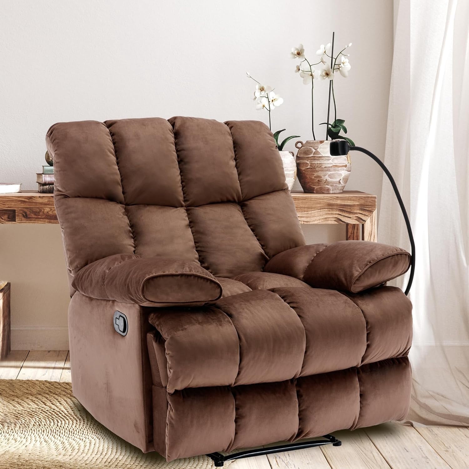 Oversized Recliner Chair 350 lb Weight Capacity, Home Oversized Velvet Manual Chair Recliner Overstuffed Arms and Back for Home Theater Living Room Brown