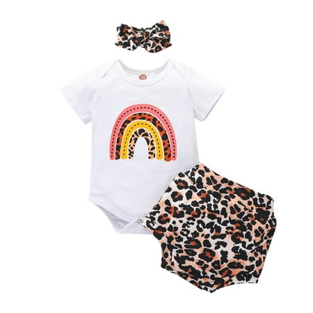 

EHTMSAK Infant Baby Toddler Girl 3PCS Outfits Short Sleeve Clothing Set Bodysuit and Bow Shorts Set Rainbow Summer with Headband Brown 3M-18M 100
