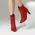 thumbnail image 3 of Vintage Dress Combat Boots for Women Mid Century Lace Leather Patchwork Pointed Toe Lace up High Heel Short Ankle Booties Red Size 7.5, 3 of 6