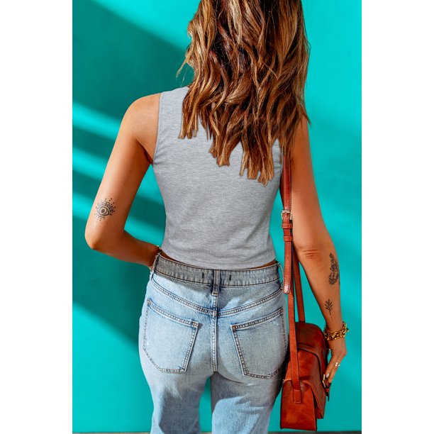 ABPHQTO Top de mujer gris con nudo torcido acanalado y cuello redondo sin mangas