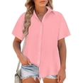thumbnail image 2 of nerohusy Linen Shirts for Women Plus Button Down Shirts Short Sleeve Cotton Linen Collared V Neck Solid Casual Work Gauze Blouses 2025 Pink,L, 2 of 6