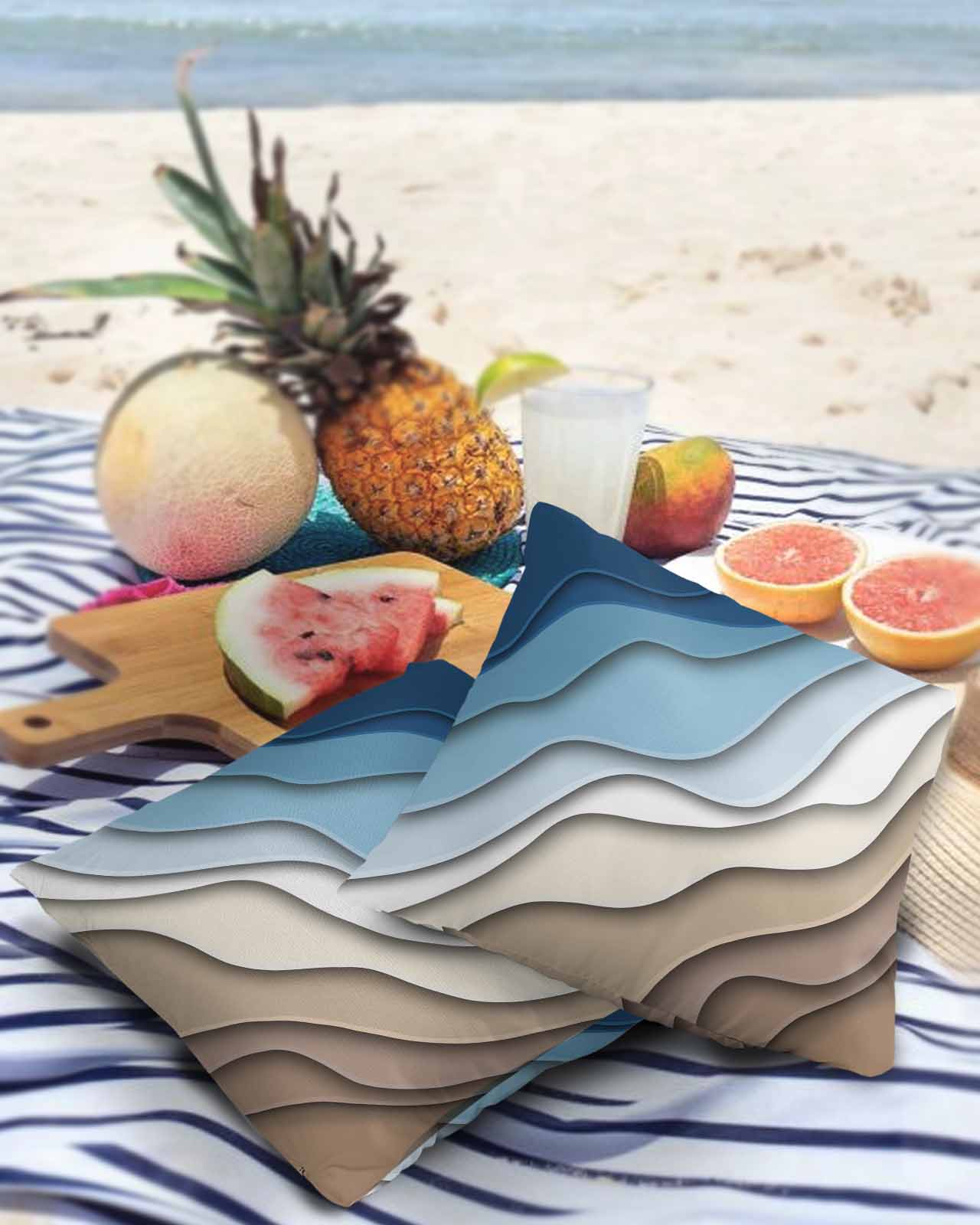 Outdoor Waterproof Throw Pillow Covers Set of 2 Blue Brown Modern Geometric Decorative Pillowcases Outdoor Pillows Cushion Case 16x16 Inch Ombre Blue Abstract Patio Pillows for Couch Sofa Bed Garden