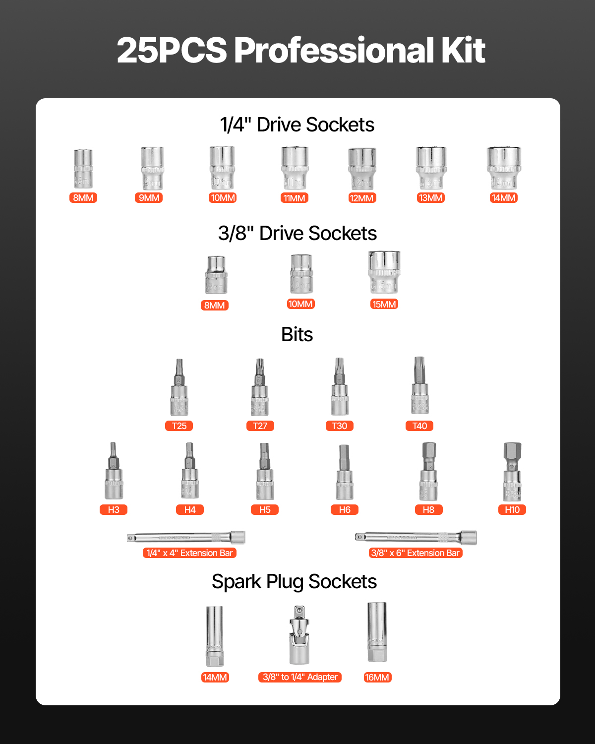 VEVOR Click Torque Wrench Set, 3/8 Inch Drive, 5-60 N.m / 3.7-44.3 lbf.ft, Dual-direction, 72-Tooth, ±3% High Precision, with Sockets, Bits, Extension Bar, Spark Plug Sockets, Adapter, Orange