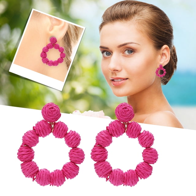 Handmade Rattan Pendant Drop Earrings for Women Bohemian Braided Straw Raffia Dangle Jewelry Summer Beach Style Accessories