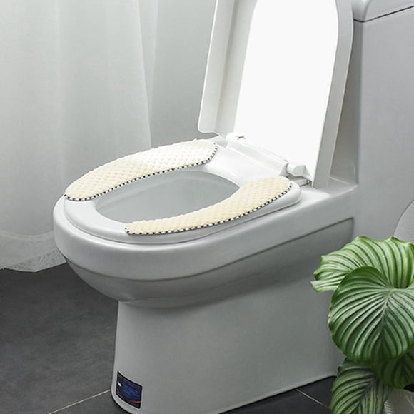 2Pairs Plush Warm Thick Padded Toilet Seat Beige Cover Mat Non Slip Soft Toilet Seat Cushion Washable Bathroom Warmer with Self-Adhesive Tape