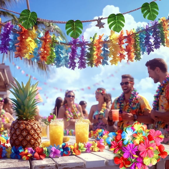 70 Pcs Hawaiian Luau Decoration Set with 30 Palm Leaves 30 Hibiscus Flowers and 10 Leis, Tropical Party Supplies for Summer Beach Pool Birthday Decorations