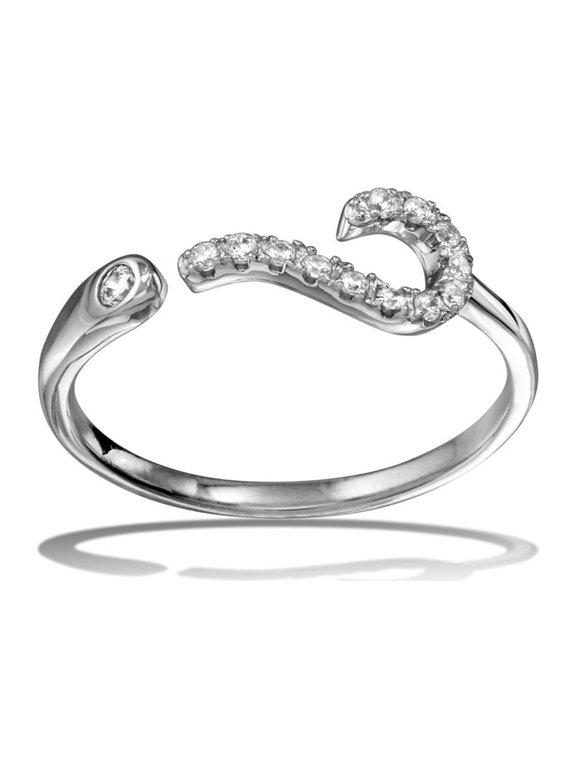 Clear Cubic Zirconia Question Mark Ring Rhodium Plated Sterling Silver Size 9