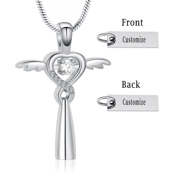 Cross with Love Heart & Angel Wings Cremation Jewelry for Ashes Urn Necklace for Ashes of Loved One
