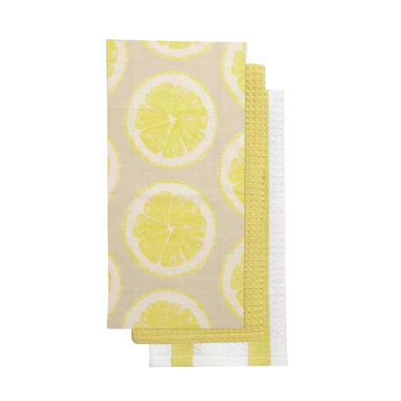 Set of 3 Market Lemon Tea Towels 18" x 26" Natural and Yellow