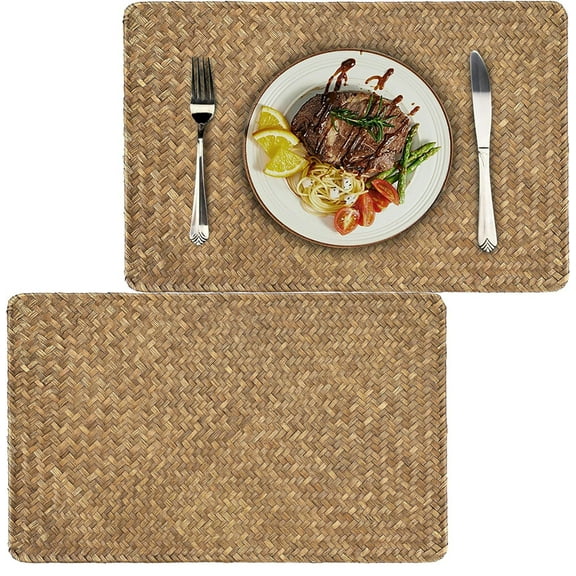 2 Pack Rectangular Woven Placemats,Bexikou Natural Seagrass Place Mats,17" x 12" Place Mats,Rattan Wicker Table Mats for Dining Table Home Kitchen Picnic Table