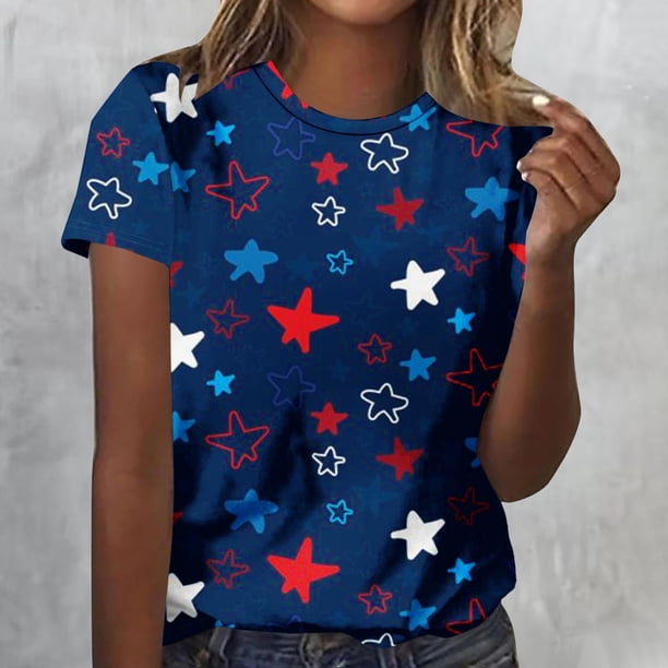 Fiudx Liquidación de Ahorros de Verano Blusa de Manga Corta con Estampado de Día Independiente para Mujer, Blusa con Cuello Redondo