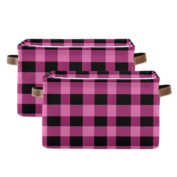 Pink and Black Check Foldable Storage Basket,Canvas Fabric Foldable Storage Bins with Handles Open Home Storage Bins Boxes for Toy Book Shelf Closet Baskets