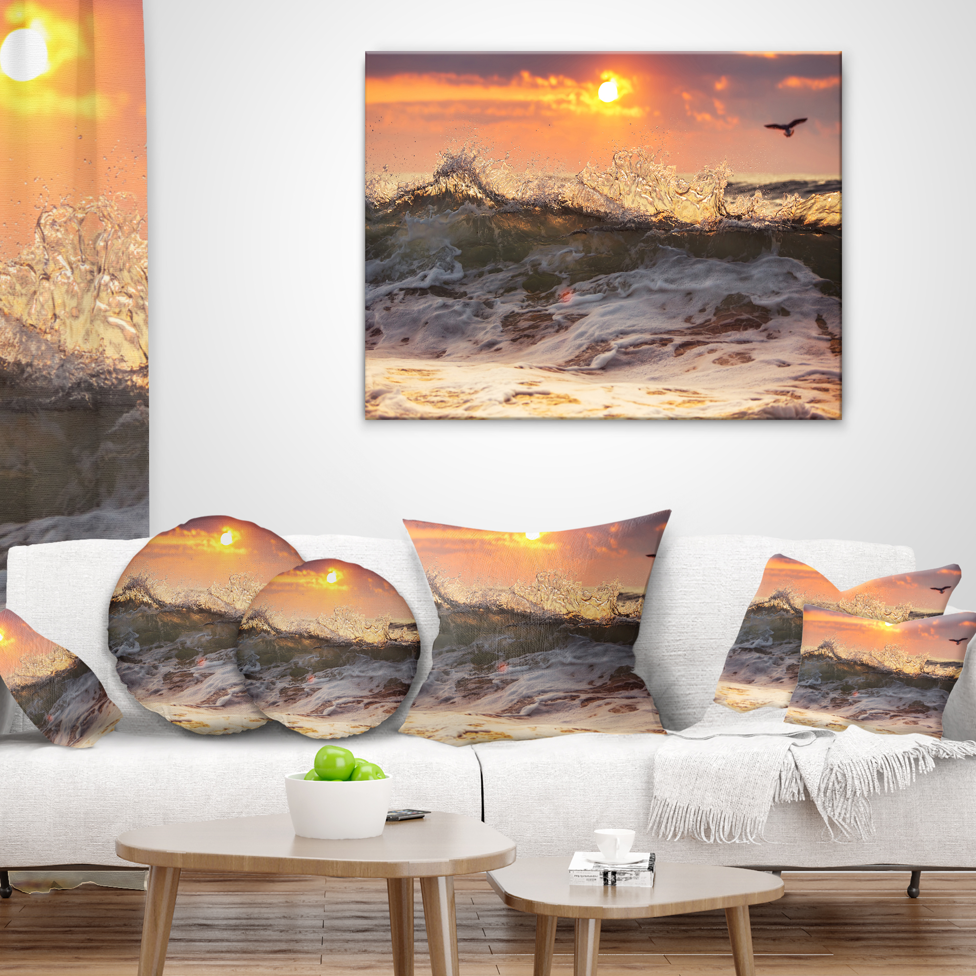 Designart Sunrise and Roaring Ocean Waves - Seascape Throw Pillow - 12x20