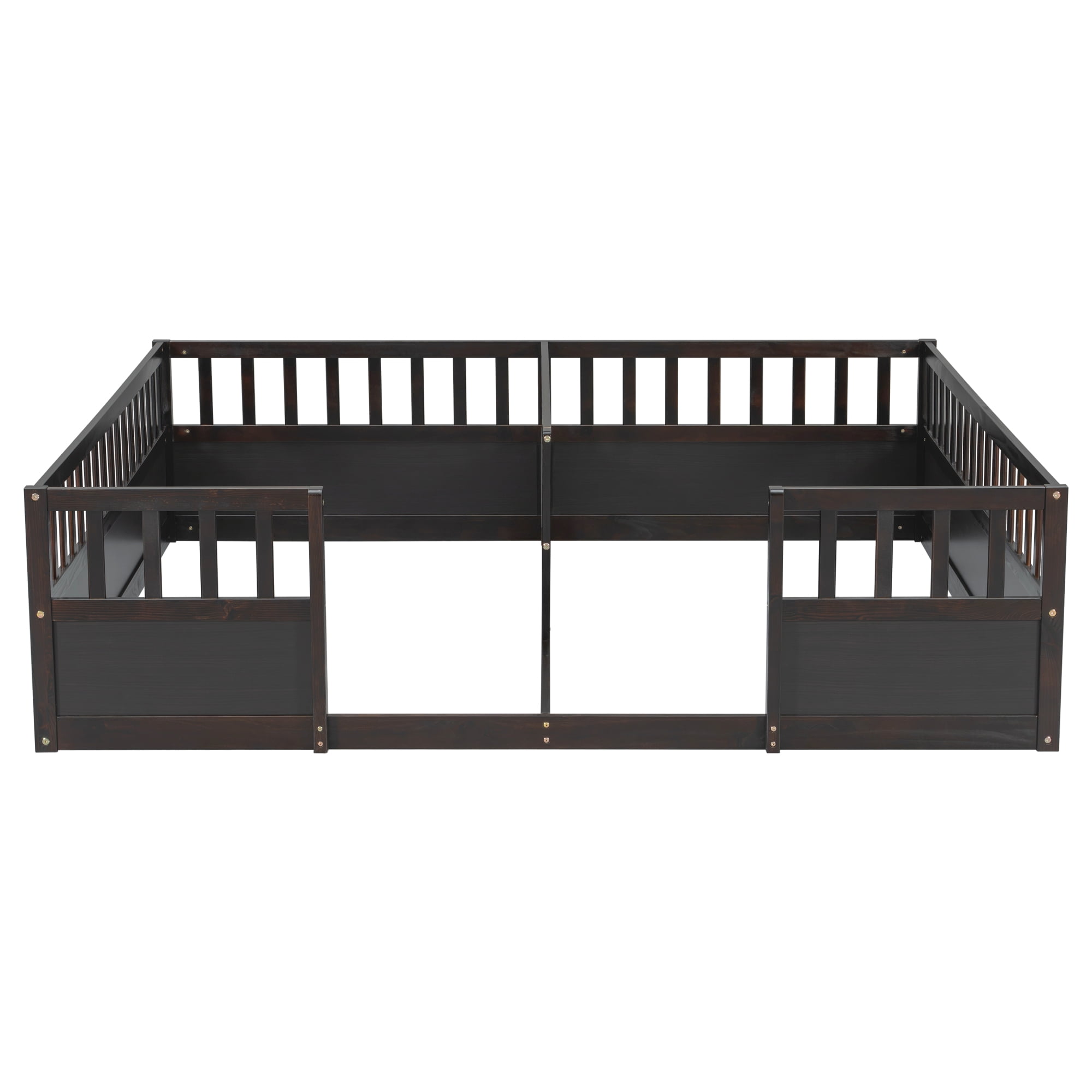 Leumius Double Pine Wood Twin Floor Bed with Semi-Enclosed Safety Guardrails, Open Entrance for Kids Bedroom Espresso