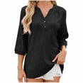 thumbnail image 1 of Timegard Womens Tops Notched V-Neck 3/4 Sleeve Textured Solid Color Tee Dressy Casual Loose Top Blouse, 1 of 8