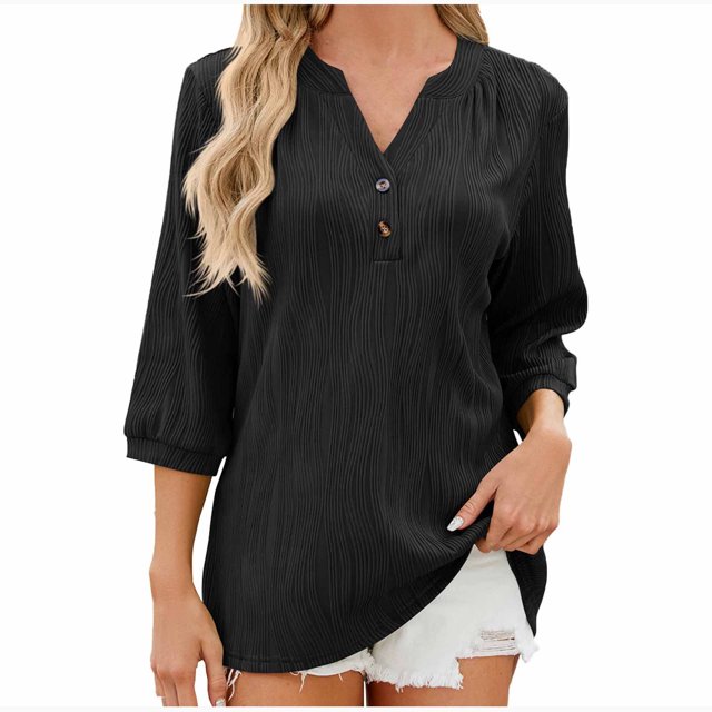 Timegard Womens Tops Notched V-Neck 3/4 Sleeve Textured Solid Color Tee Dressy Casual Loose Top Blouse